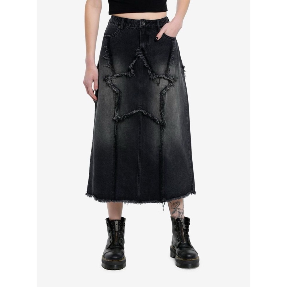 Social Collision Frayed Star Denim Midaxi Skirt y2k Grunge Distressed Black Grey